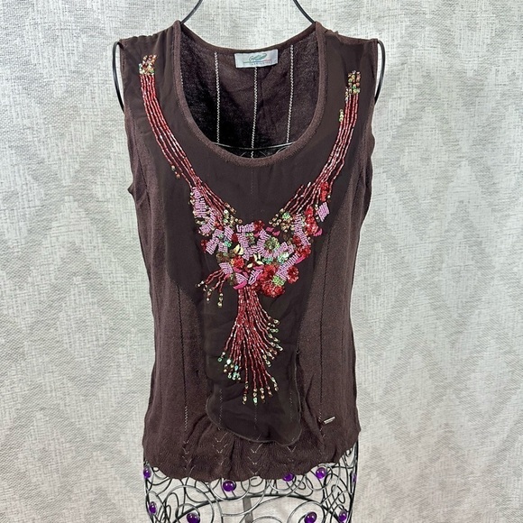 Crocodile ladies 100 chocolate brown knit beaded sequin scoop neck tank size S - Picture 1 of 15